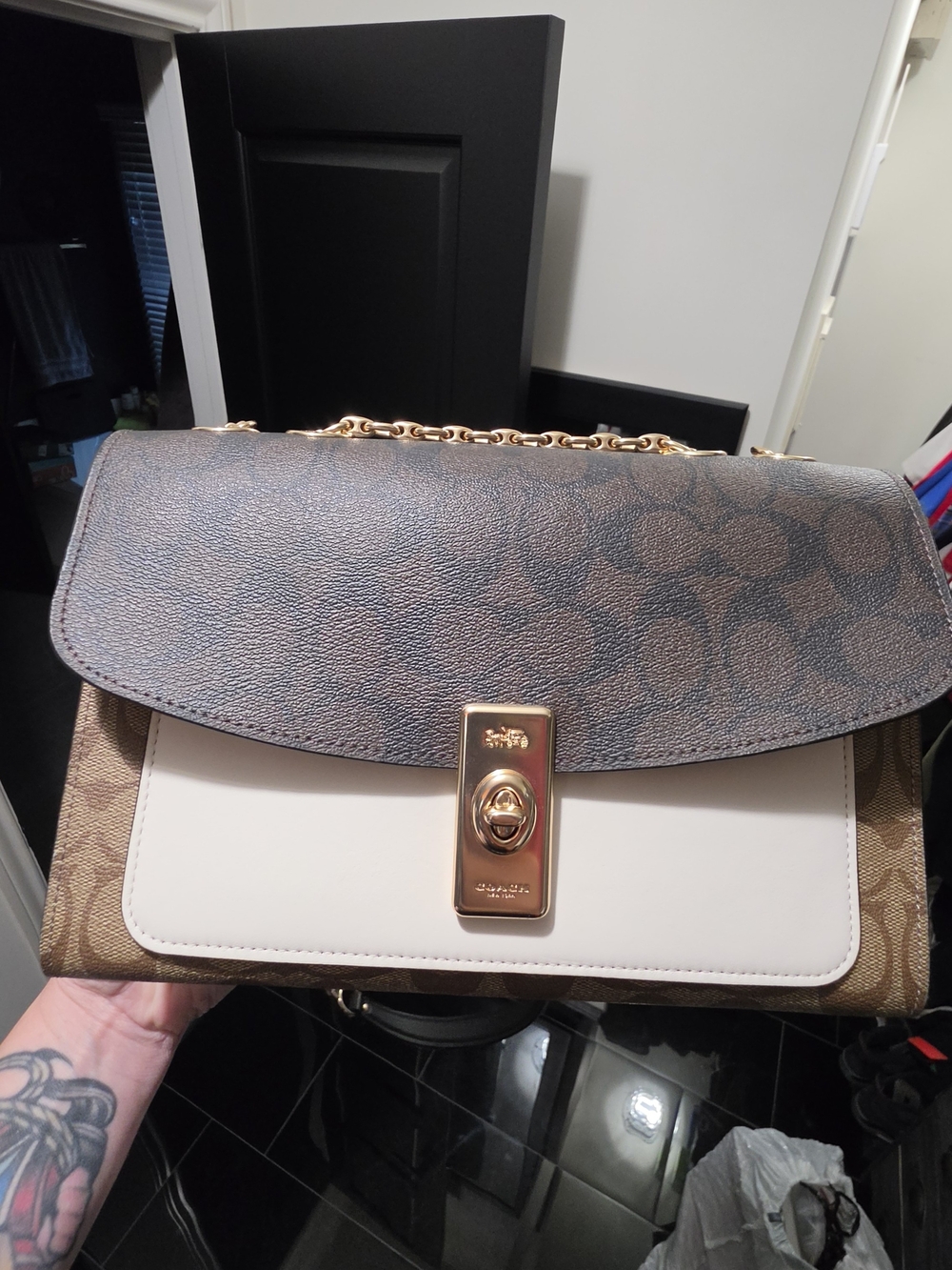 Coach Colorblock Signature Shoulder Bag in Brown/Tan/Cream